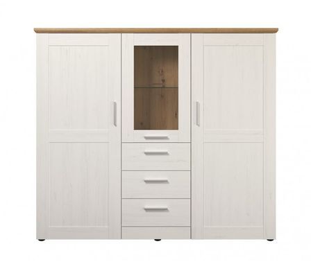 Buffet 3 portes 3 tiroirs bois de pin blanc et verre Aline L 159 cm