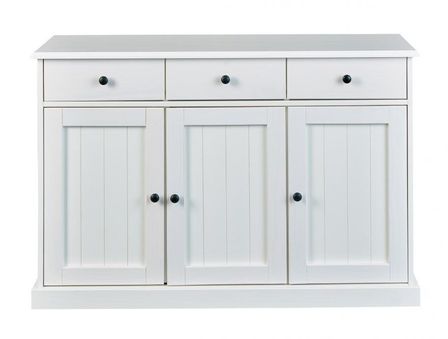 Buffet 3 portes 3 tiroirs pin massif vernis blanc Campanou 131 cm
