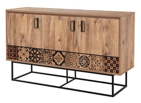 Buffet 3 portes bois clair mosaïque et métal noir Quantum 140 cm