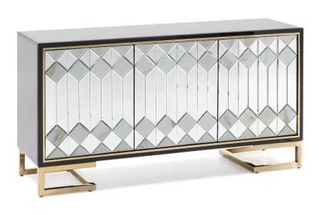 Buffet 3 portes verre noir miroir et métal doré