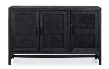 Buffet 3 portes WAKY 125 cm - Bois massif et rotin noir