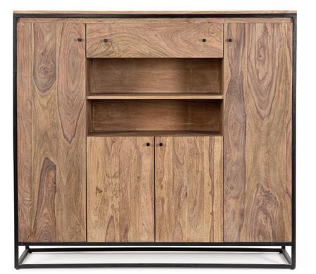 Buffet 4 portes 1 tiroir KLAZIK 145 cm bois clair de Sheesham et acier noir
