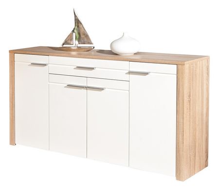 Buffet 4 portes 1 tiroir mélaminé blanc et chêne clair Souka