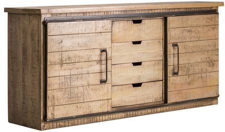 Buffet 4 tiroirs 2 portes manguier massif clair et métal Mata