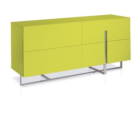 Buffet 4 tiroirs bois laqué jaune et pieds acier inoxydable Dezina