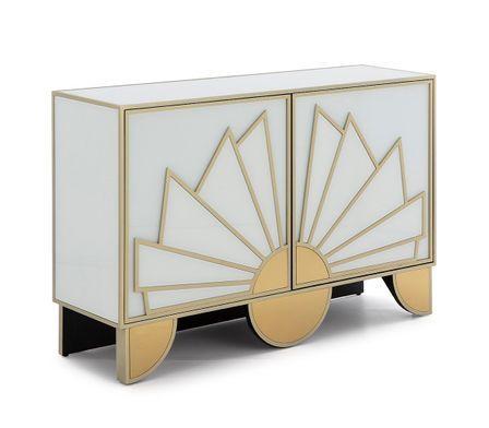 Buffet bois verre teinté blanc contour et pieds métal doré Nary