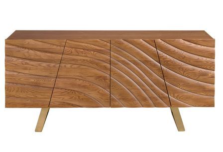 Buffet design 180 cm en noyer clair et acier doré – 4 portes avec fermeture Soft Close