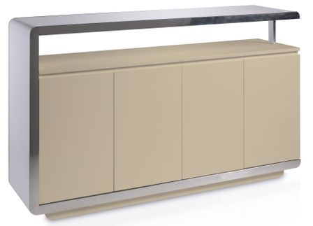 Buffet design 4 portes bois laqué beige et acier chromé Modena