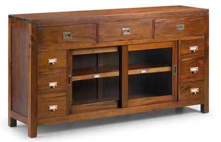 Buffet en bois d'acajou massif FALKANE 150 cm - 2 portes vitrées et 9 tiroirs