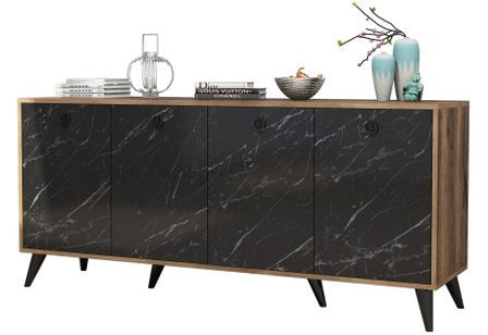 Buffet en bois noyer et noir effet marbre 4 portes Elite 180 cm