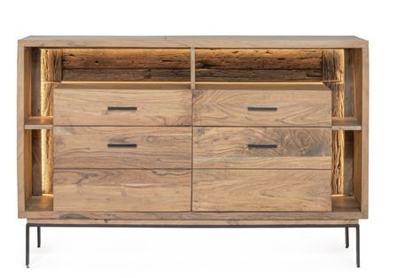 Buffet lumineux 2 portes 2 tiroirs MANGAL 145 cm – Bois massif d'acacia & acier