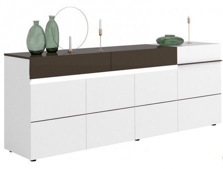 Buffet lumineux 4 portes 2 tiroirs bois laqué blanc et anthracite Koyd 240 cm