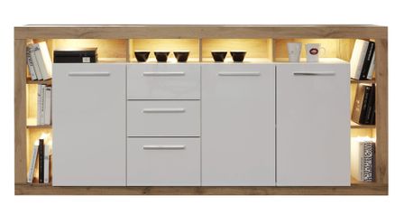 Buffet lumineux chêne Wotan et blanc brillant Roska 220 cm