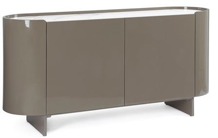 Buffet taupe OTILIA 2 portes – finition brillante & plateau en pierre blanche