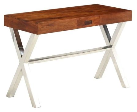 Bureau 1 tiroir acacia massif laqué métal argenté Valdy