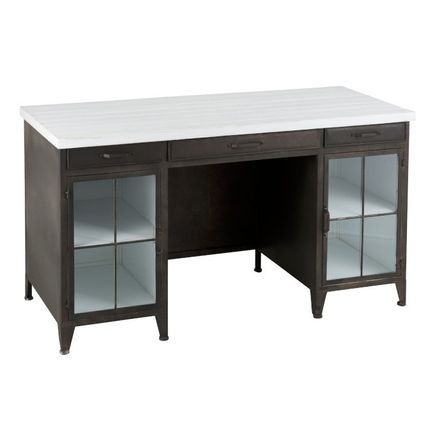 Bureau 2 portes 3 tiroirs bois massif blanc et noir Bialli