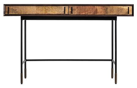 Bureau 2 tiroirs manguier massif foncé et clair pieds métal Pry