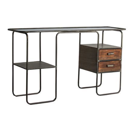 Bureau 2 tiroirs verre transparent bois foncé et métal Nothi