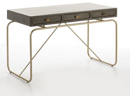 Bureau 3 tiroirs bois massif gris et pieds métal doré Bar