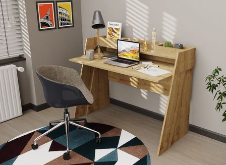 Bureau chêne clair 1 étagère 2 bacs Rikoa 123.6 cm