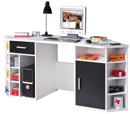 Bureau d'angle 1 porte 1 tiroir bois mélaminé blanc et noir Kapi