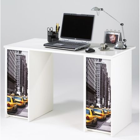 Bureau droit avec 2 caissons bois blanc imprimé taxi jaune Scoot