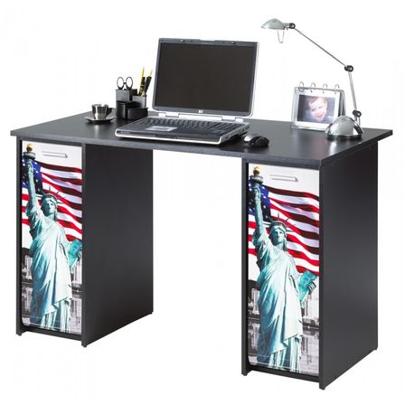 Bureau droit avec 2 caissons bois noir imprimé statue de la Liberté Scoot