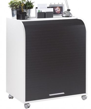 Bureau informatique blanc à roulettes BOKER – Bureau compact avec rideau et serrure