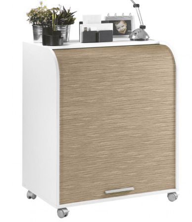 Bureau informatique blanc à roulettes BOKER – Bureau compact avec rideau et serrure