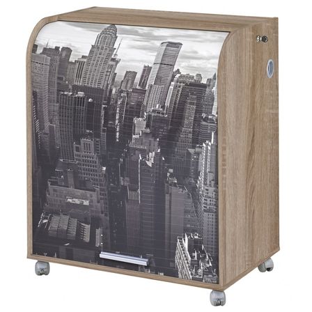 Bureau informatique chêne clair à roulettes BOKER – Bureau compact avec rideau et serrure