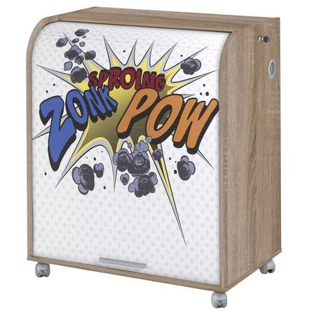 Bureau informatique chêne clair à roulettes BOKER – Bureau compact avec rideau et serrure