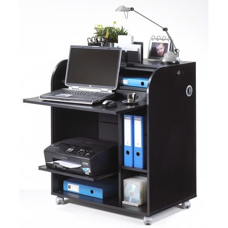 Bureau informatique noir à roulettes BOKER – Bureau compact avec rideau et serrure
