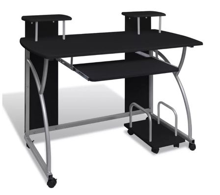 Bureau informatique sur roulettes bois noir et métal gris Patti