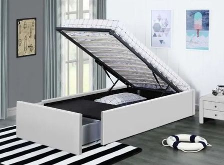 Cadre de lit avec coffre et 1 tiroir 90x190 cm simili cuir blanc Karmi