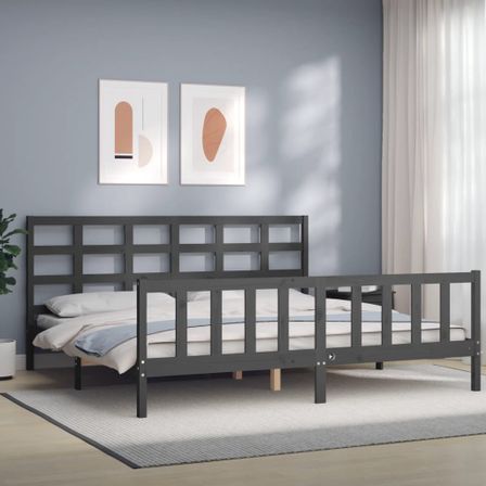 Lit avec tête de lit gris 200x200 cm bois massif