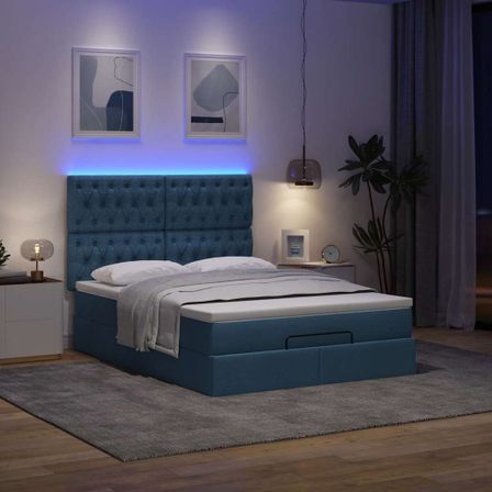 Cadre de lit ottoman avec matelas bleu 140x200 cm tissu