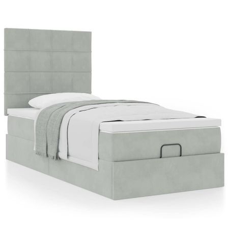 Cadre de lit ottoman et matelas gris clair 90x190 cm velours