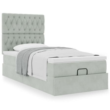 Cadre de lit ottoman et matelas gris clair 90x200 cm velours