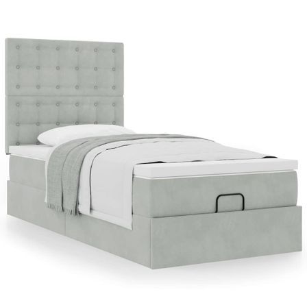 Cadre de lit ottoman et matelas gris clair 90x200 cm velours