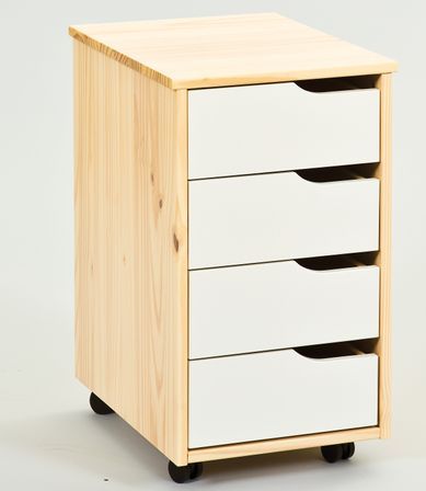 Caisson sur roulette 4 tiroirs pin massif naturel et blanc Jam