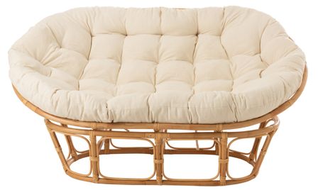 Canapé 2 places Arni en rotin naturel avec coussins blancs - Usage intérieur et extérieur