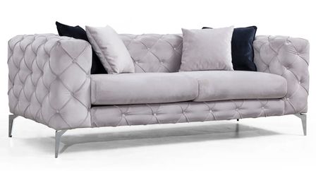 Canapé 2 places capitonné velours gris clair et pieds chromés Herakles 197 cm