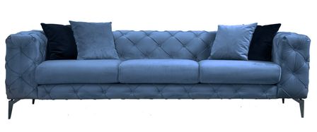 Canapé 3 places capitonné velours bleu et pieds bois noir Herakles 237 cm