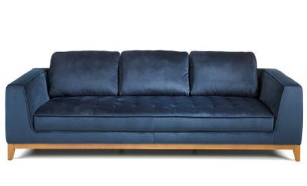 Canapé 3 places tissu bleu effet velours et bois de noyer Hastin