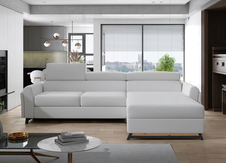 Canapé angle droit convertible simili clair blanc avec appuis-tête réglables Mazerali 300 cm