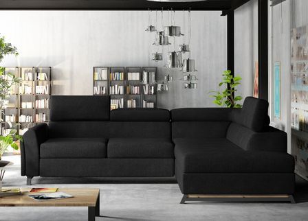 Canapé angle droit convertible tissu noir avec têtières réglables Nikos 265 cm
