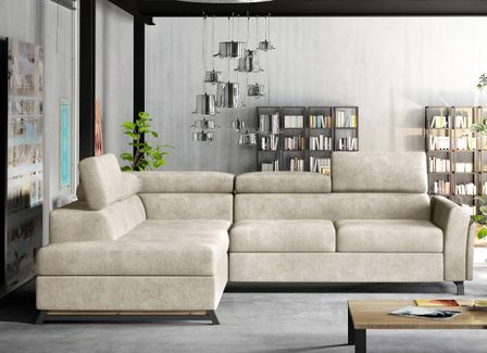 Canapé angle gauche convertible tissu beige avec têtières réglables Nikos 265 cm