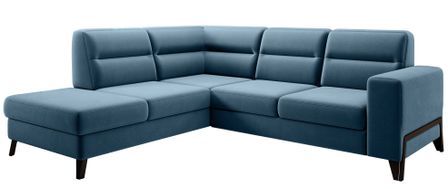 Canapé angle gauche convertible tissu bleu canard et pieds acier noir Kassidi 277 cm