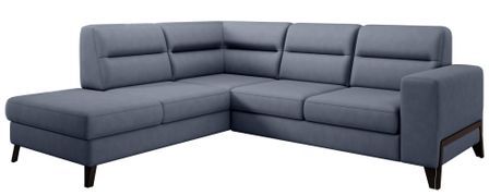 Canapé angle gauche convertible tissu bleu lavande et pieds acier noir Kassidi 277 cm