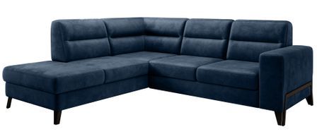 Canapé angle gauche convertible tissu doux bleu nuit et pieds acier noir Kassidi 277 cm